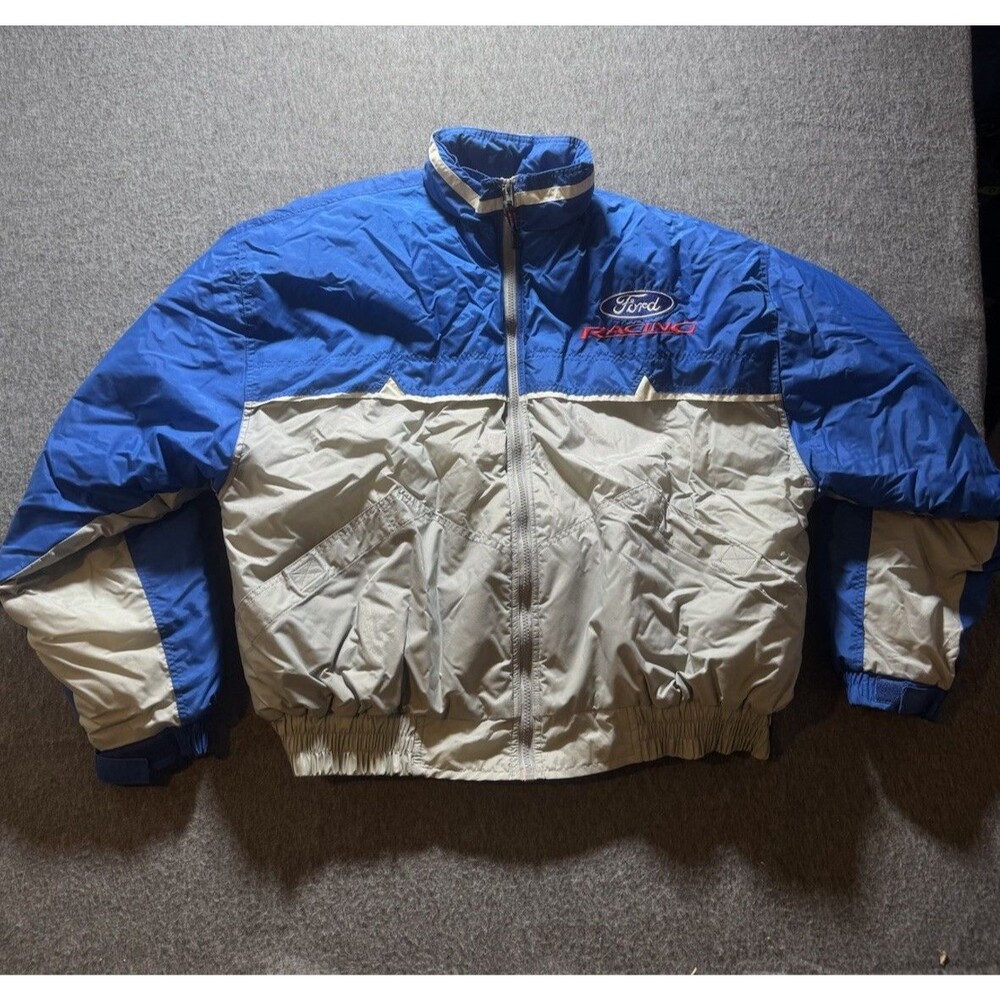 Ford Racing Blue & Gray Puffer Jacket SZ XL Competitors View Y2k NASCAR
